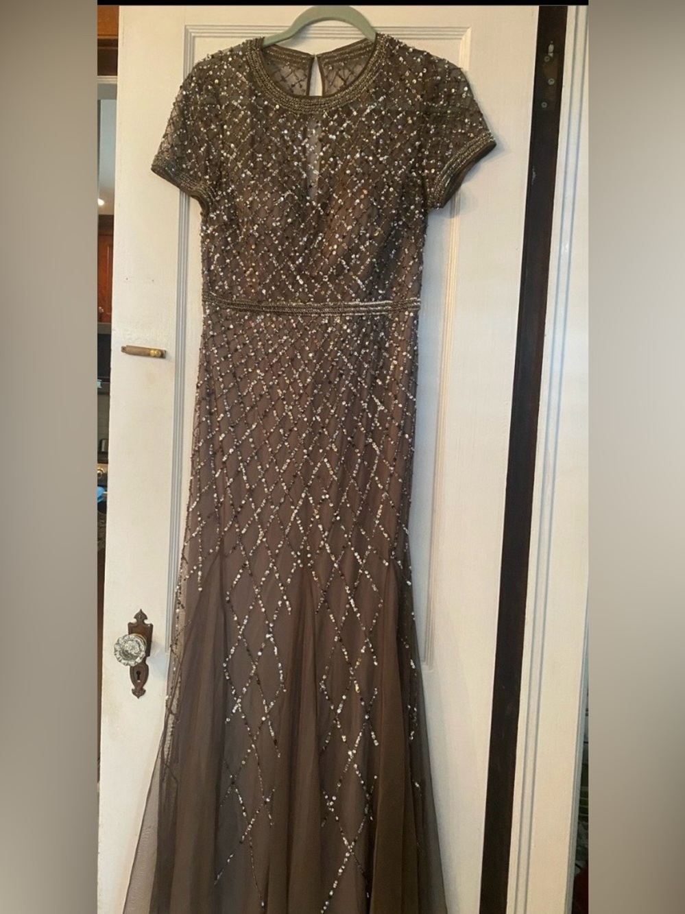 Adrianna Papell Beaded Charcoal MoB Gown Sz 10 - 18" pit to pit x 56"L